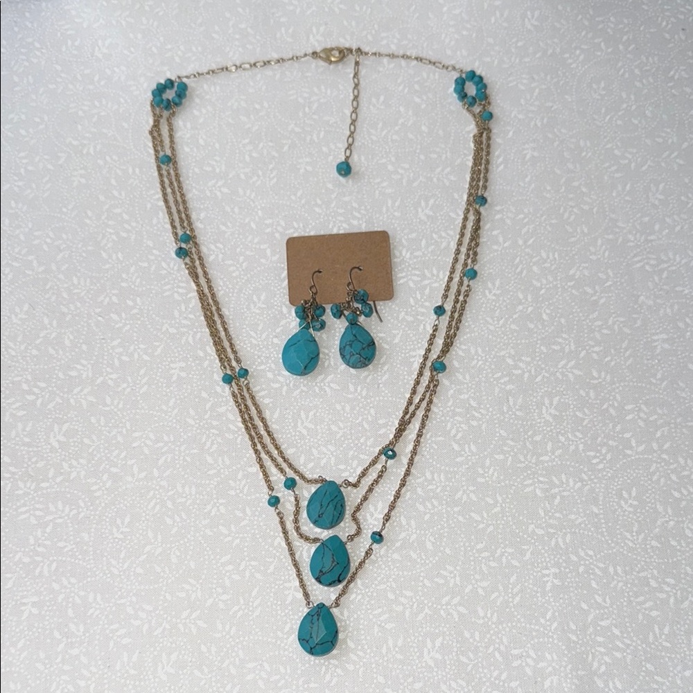 Turquoise bead and Gold toned Necklace with‎ Earrings